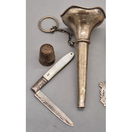 15 - A Selection of silver items; 833 silver Jerusalem compact, Silver funnel, Bham silver thimble, Victo... 