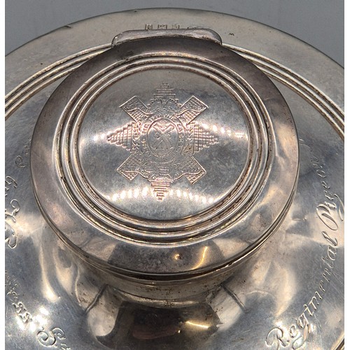 18 - Antique Birmingham Silver Royal Highlanders Black Watch ink well. Engraved 