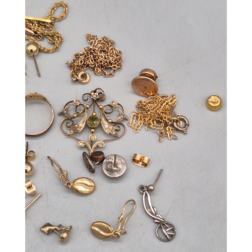 21 - A Small tub of 9ct gold, gilt metal and silver items of jewellery. Two Edwardian period pendants. 9c... 