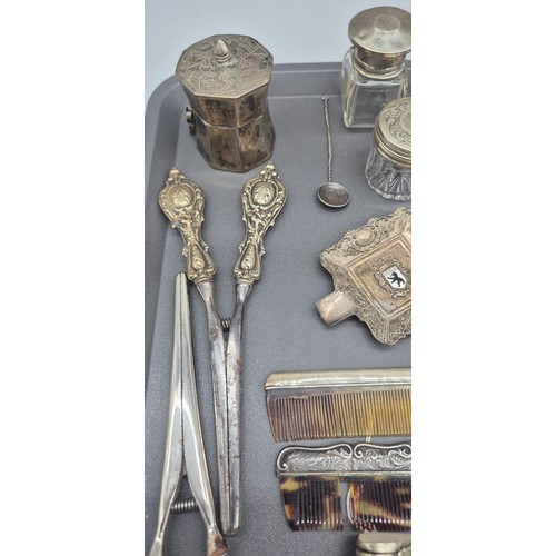 37 - A Tray of silver and silver plated items; Silver handled items, Silver topped ink well pot, Silver p... 