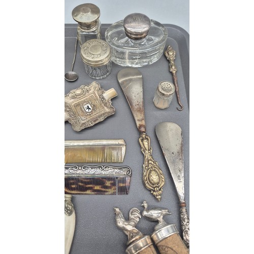 37 - A Tray of silver and silver plated items; Silver handled items, Silver topped ink well pot, Silver p... 