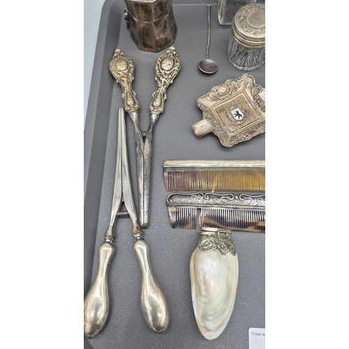 37 - A Tray of silver and silver plated items; Silver handled items, Silver topped ink well pot, Silver p... 