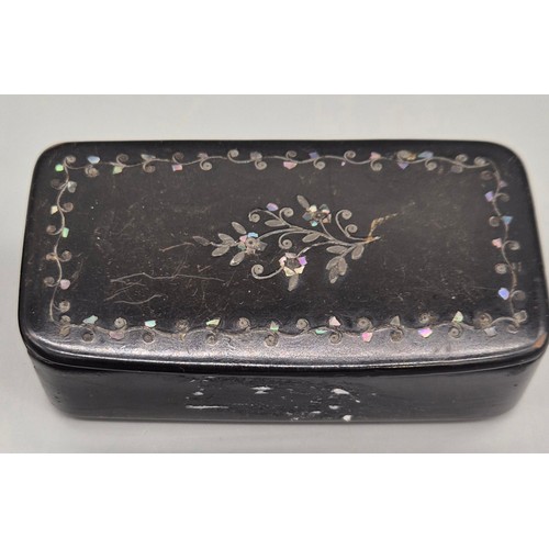 26 - Three 19th century snuff boxes. Two inlaid and one the form of a shoe.