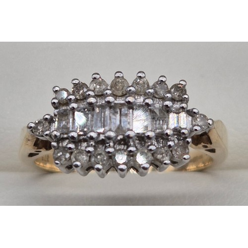 49 - 9ct yellow gold and diamond cluster ring. 0.50cts. Baguette and round cut diamonds. 3.78Grams. Ring ... 