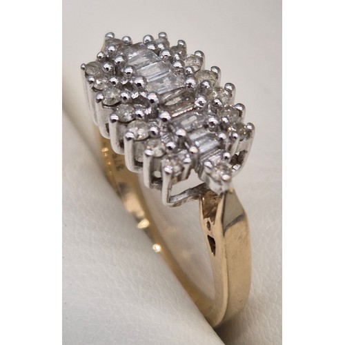49 - 9ct yellow gold and diamond cluster ring. 0.50cts. Baguette and round cut diamonds. 3.78Grams. Ring ... 