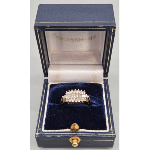 49 - 9ct yellow gold and diamond cluster ring. 0.50cts. Baguette and round cut diamonds. 3.78Grams. Ring ... 
