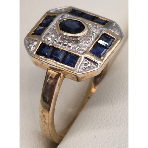 44 - 9ct yellow gold, diamond and sapphire art deco design ring. 2.48grams. Ring size M.