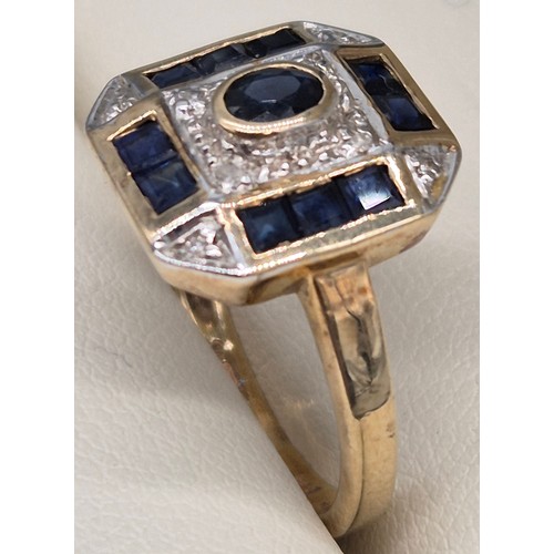 44 - 9ct yellow gold, diamond and sapphire art deco design ring. 2.48grams. Ring size M.