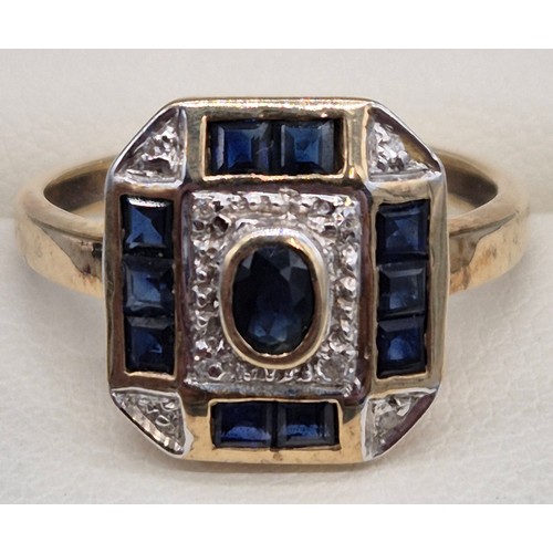 44 - 9ct yellow gold, diamond and sapphire art deco design ring. 2.48grams. Ring size M.