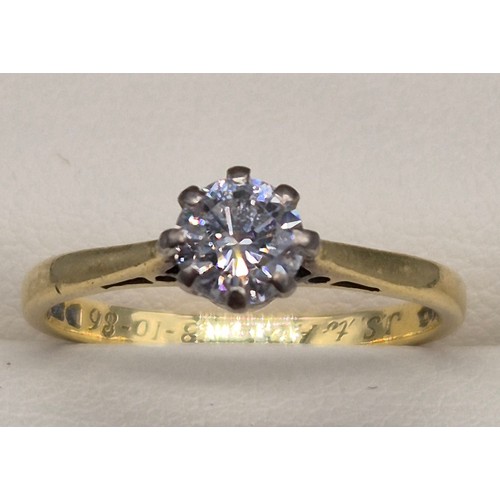 46 - 18ct yellow gold diamond solitaire ring. 0.50ct. Round cut diamond. 2.32grams. Ring size L.