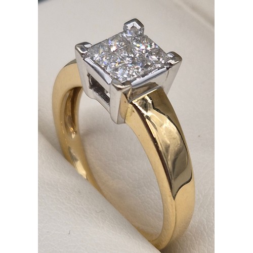 47 - 18ct yellow gold and diamond stone ring. Nine princess cut diamonds. 0.50cts. 5.11grams. Ring size O... 
