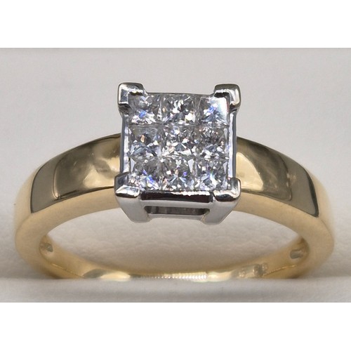 47 - 18ct yellow gold and diamond stone ring. Nine princess cut diamonds. 0.50cts. 5.11grams. Ring size O... 