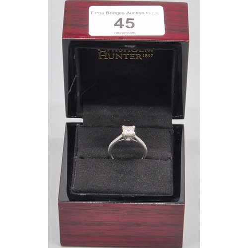 45 - Chisolm Hunter 950 Platinum and diamond solitaire ring. 1cts. Princess cut diamond. 5.19grams. Ring ... 