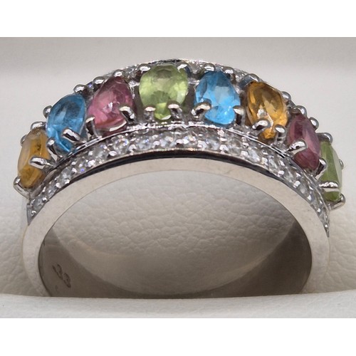 51 - 18ct white gold multi colour & diamond stone ring. Set with 8pear shaped coloured stones, peridot, t... 
