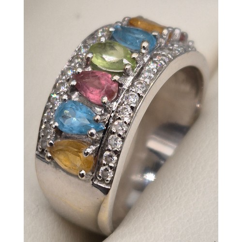 51 - 18ct white gold multi colour & diamond stone ring. Set with 8pear shaped coloured stones, peridot, t... 