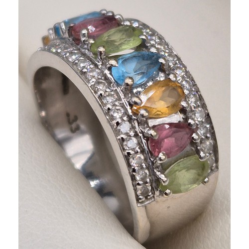 51 - 18ct white gold multi colour & diamond stone ring. Set with 8pear shaped coloured stones, peridot, t... 