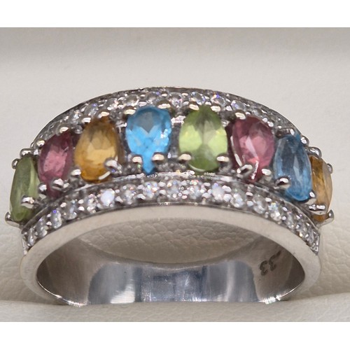 51 - 18ct white gold multi colour & diamond stone ring. Set with 8pear shaped coloured stones, peridot, t... 