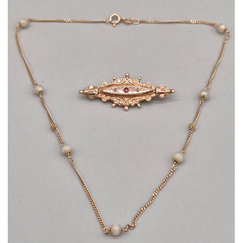 31 - Two items of 9ct yellow gold; 9ct gold and faux pearl necklace. Together with a garnet and diamond s... 
