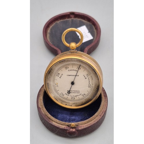 53 - Antique pocket barometer. Armstrongs of Manchester. Comes with leather protective casing.