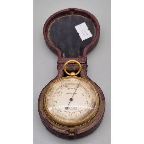 53 - Antique pocket barometer. Armstrongs of Manchester. Comes with leather protective casing.