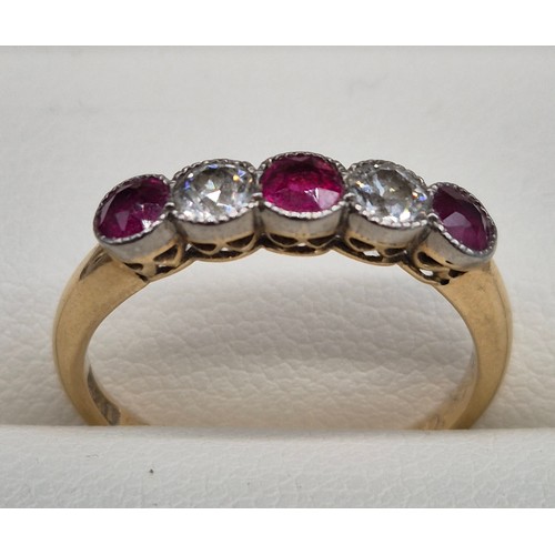 57 - Antique 18ct yellow gold diamond and pink stone ring. Two round cut diamonds. Three pink gem stones-... 