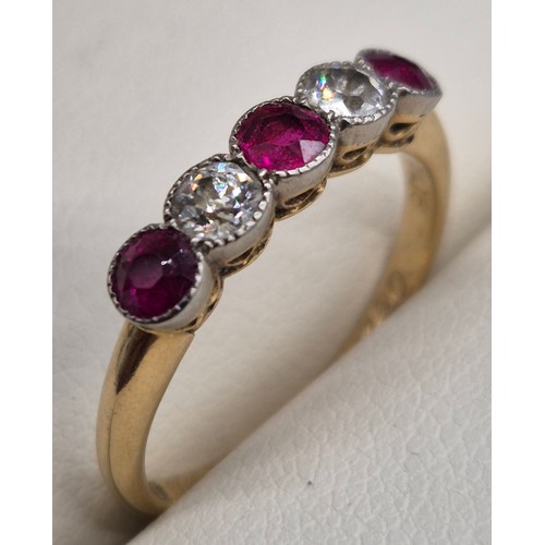 57 - Antique 18ct yellow gold diamond and pink stone ring. Two round cut diamonds. Three pink gem stones-... 