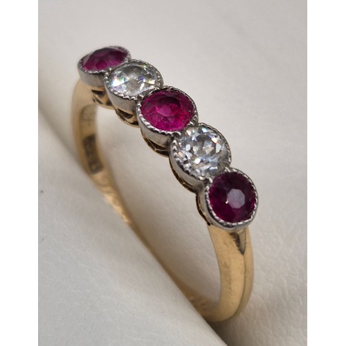 57 - Antique 18ct yellow gold diamond and pink stone ring. Two round cut diamonds. Three pink gem stones-... 