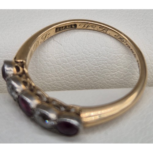 57 - Antique 18ct yellow gold diamond and pink stone ring. Two round cut diamonds. Three pink gem stones-... 