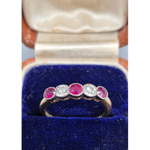 57 - Antique 18ct yellow gold diamond and pink stone ring. Two round cut diamonds. Three pink gem stones-... 