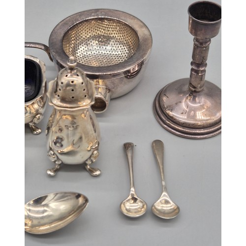 52 - A Collection of silver and silver plate items; Birmingham silver condiment set with blue liners, Geo... 