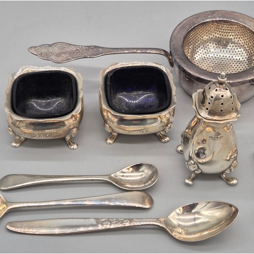 52 - A Collection of silver and silver plate items; Birmingham silver condiment set with blue liners, Geo... 