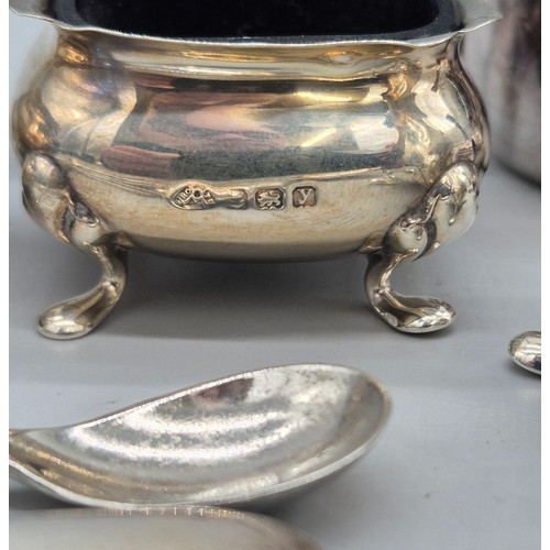 52 - A Collection of silver and silver plate items; Birmingham silver condiment set with blue liners, Geo... 