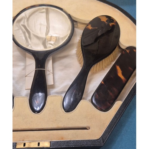 Boxed Tortoise shell vanity set and 19th century inlaid two handle tray.