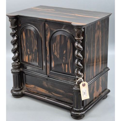 295 - 19th century Victorian Coromandel table cabinet with barley twist columns & drawer to base, two shor... 
