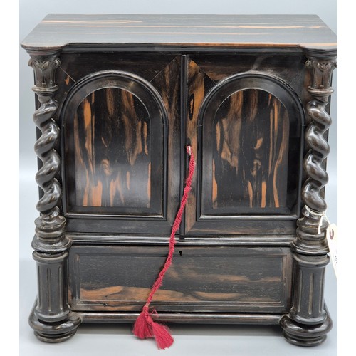 295 - 19th century Victorian Coromandel table cabinet with barley twist columns & drawer to base, two shor... 