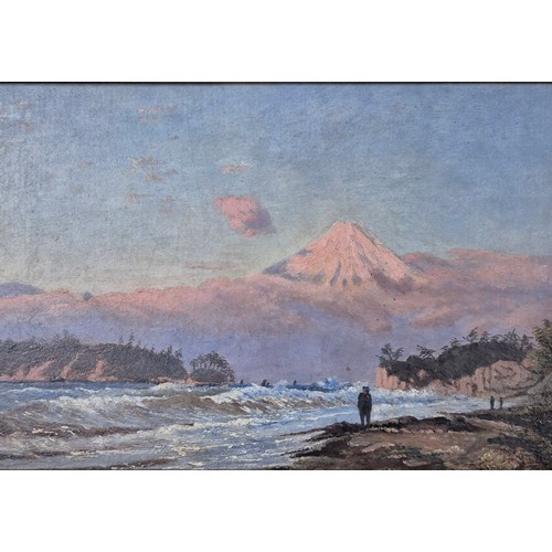 348 - 19th century oil painting on board. Depicting a coastal mountain scene. Unsigned. Fitted within an a... 