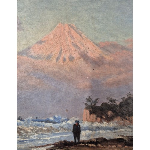 348 - 19th century oil painting on board. Depicting a coastal mountain scene. Unsigned. Fitted within an a... 