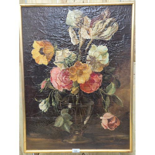349 - 19th century oil painting on canvas depicting still life flowers within a glass vase. Fitted with a ... 