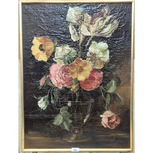 349 - 19th century oil painting on canvas depicting still life flowers within a glass vase. Fitted with a ... 