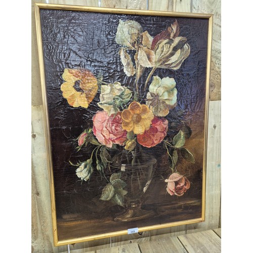 349 - 19th century oil painting on canvas depicting still life flowers within a glass vase. Fitted with a ... 