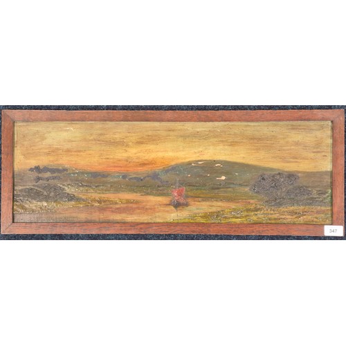 347 - Antique oil painting on wooden panel. Boat on a loch scene. Unsigned. Fitted within an oak frame. Fr... 