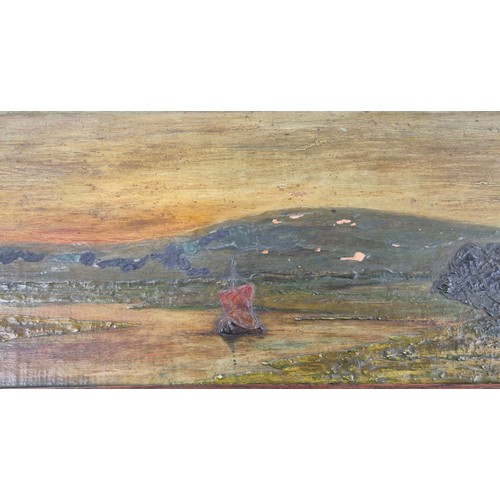 347 - Antique oil painting on wooden panel. Boat on a loch scene. Unsigned. Fitted within an oak frame. Fr... 