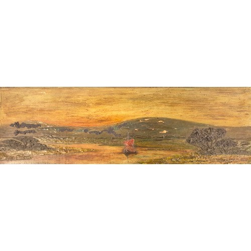 347 - Antique oil painting on wooden panel. Boat on a loch scene. Unsigned. Fitted within an oak frame. Fr... 