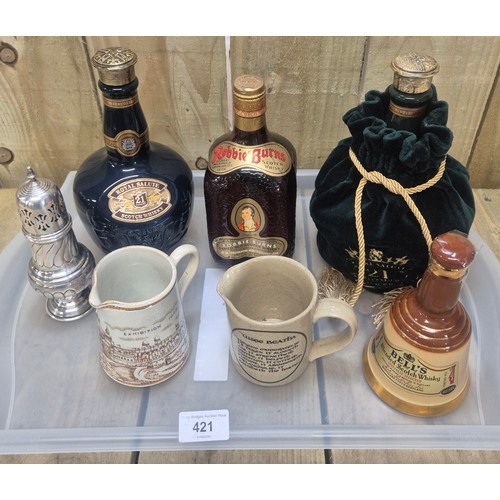 421 - Tray of collectable decanters and odds; Robbie Burns Scotch Whisky- full and sealed. Various decante... 