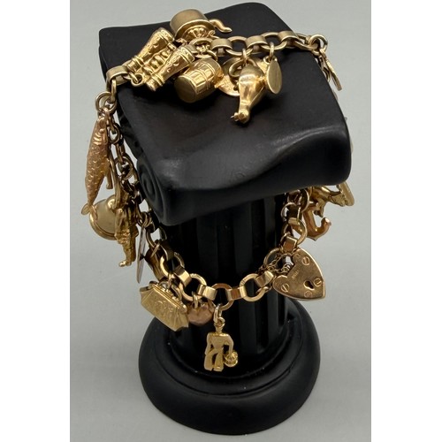 76 - 9ct yellow gold charm bracelet and charms. 22.09grams.
