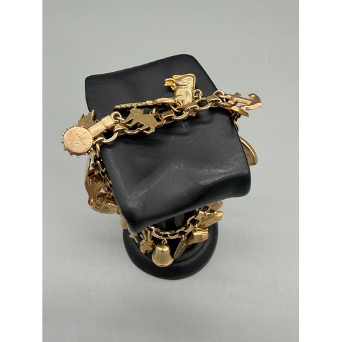 76 - 9ct yellow gold charm bracelet and charms. 22.09grams.