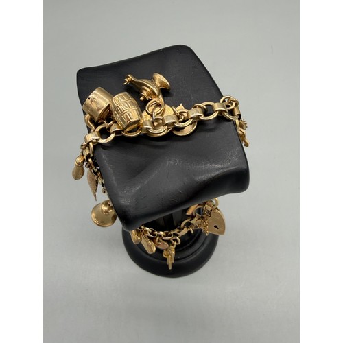 76 - 9ct yellow gold charm bracelet and charms. 22.09grams.