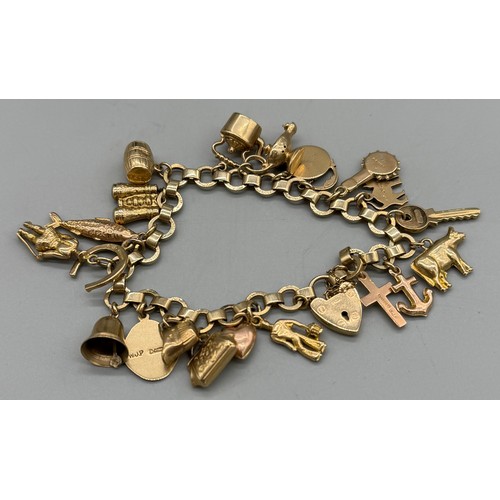 76 - 9ct yellow gold charm bracelet and charms. 22.09grams.