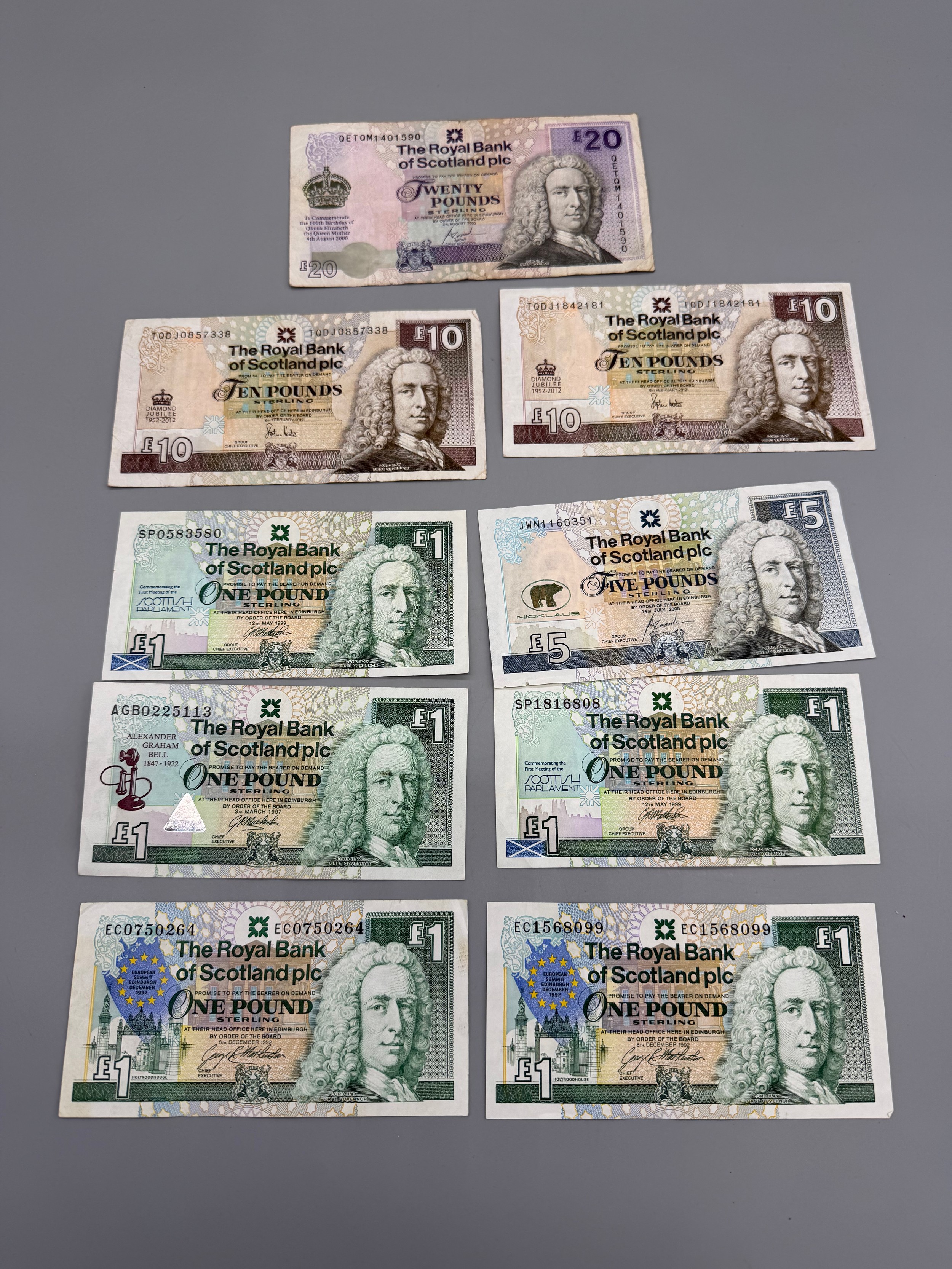 A Collection of British bank notes; Five RBS PLC £1 Bank notes ...