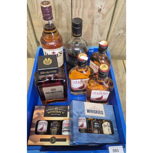 593 - Tray of spirit bottlings; Bell's 70cl whisky, three 350ml of Famous Grouse, The Glen Allachie Speysi... 